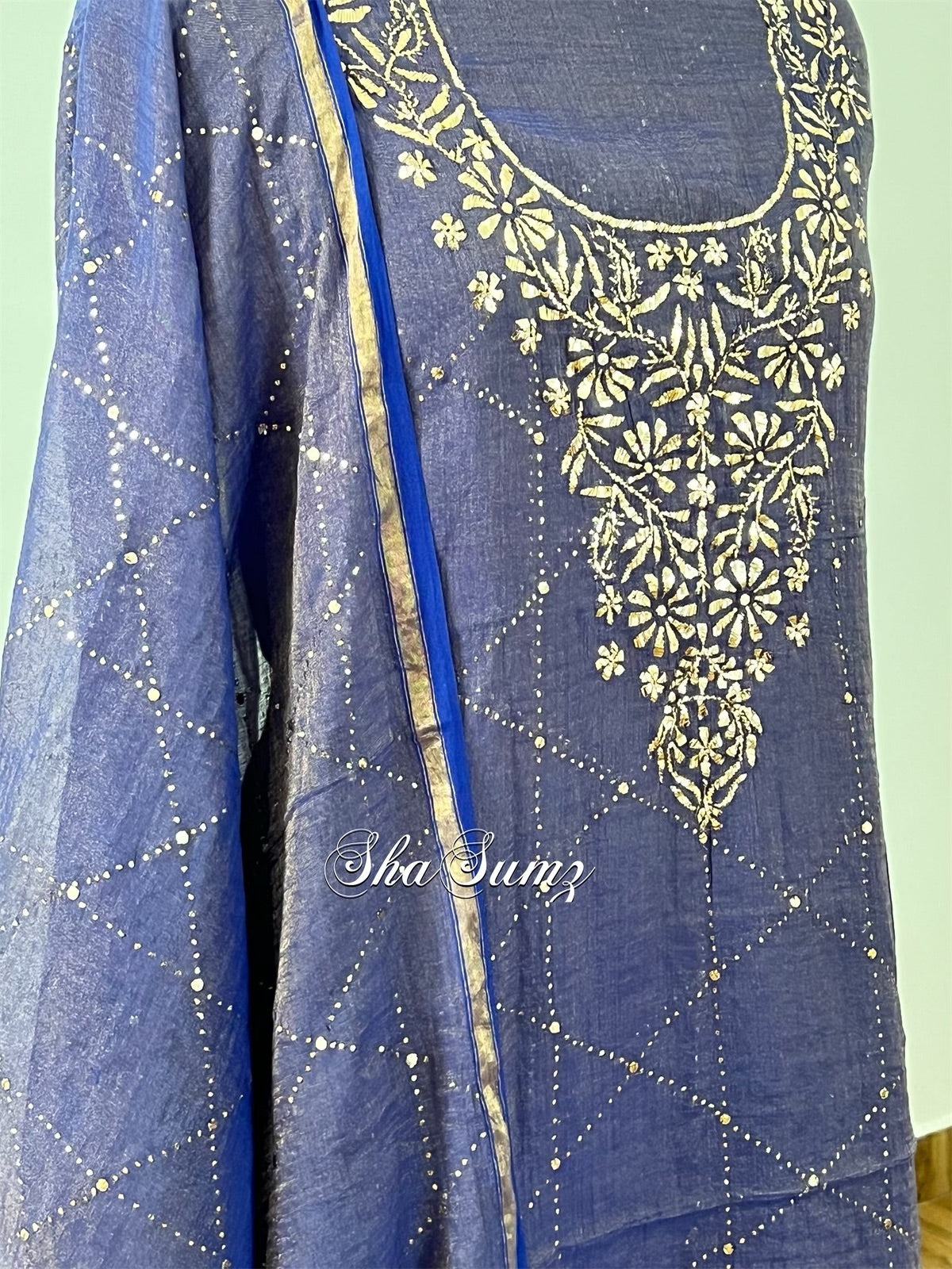 Indigo Blue Pure Tissue Chanderi Mukaish Suit