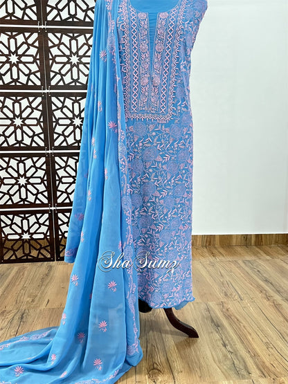 Azure Blue & Baby Pink Do Taar Chikankari Suit