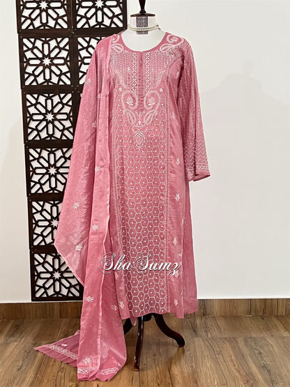 Onion Pink Tissue Chanderi Suit with Chikankari & Pearls