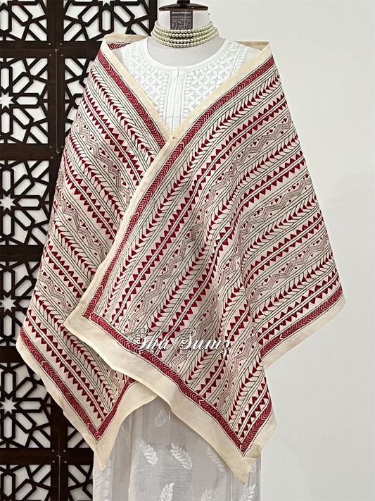 Beige Tussar Silk Kantha Stole