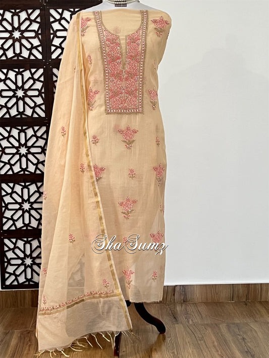 Beige Mul Chanderi Suit with Chikankari & Embellishments