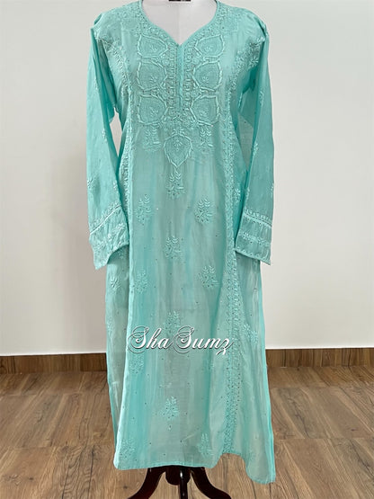 Aqua Green Chanderi Chikankari and Kamdani Kurti