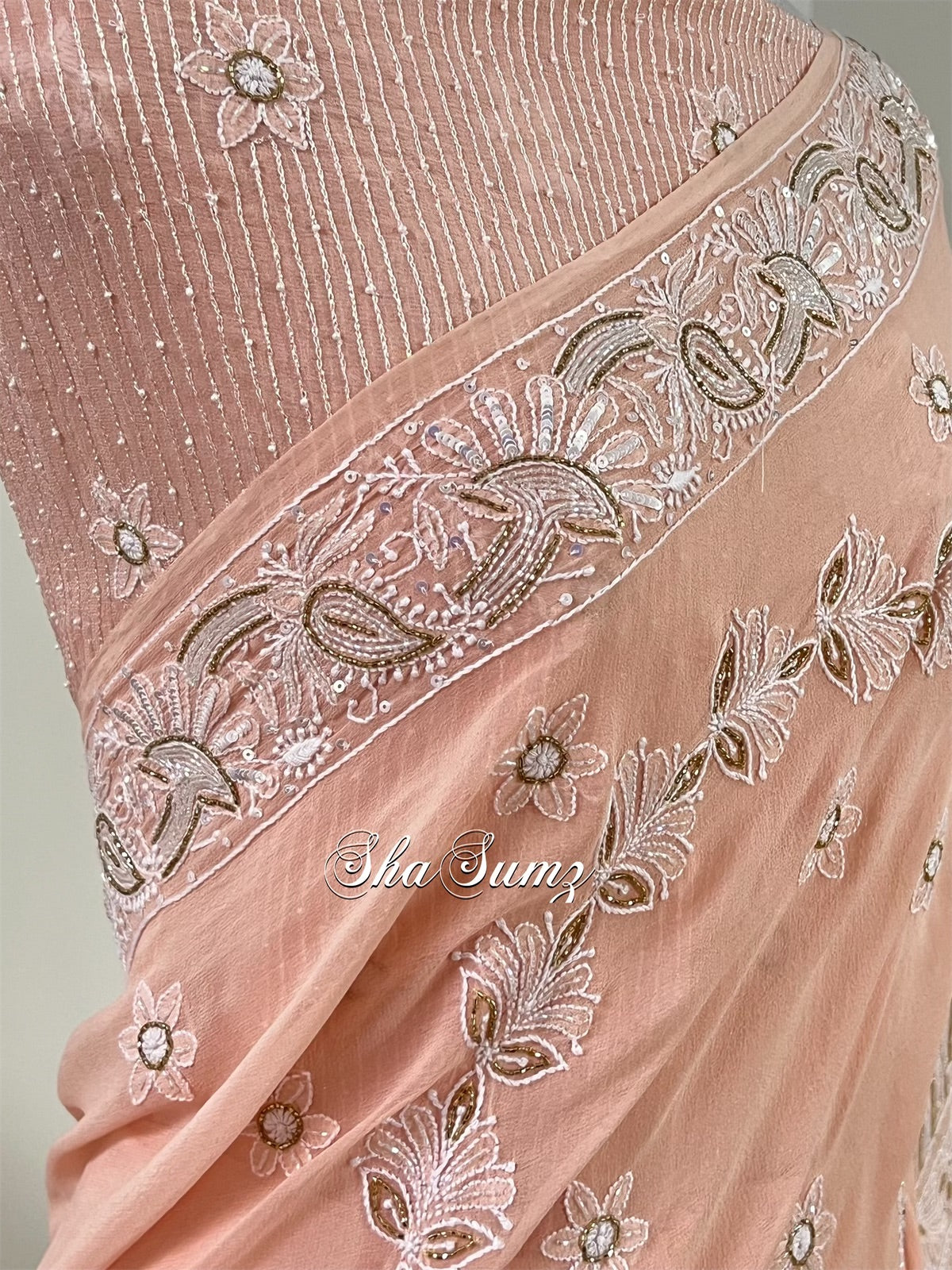 Dreamy Pastel Peach Chikankari & Embellishments Saree