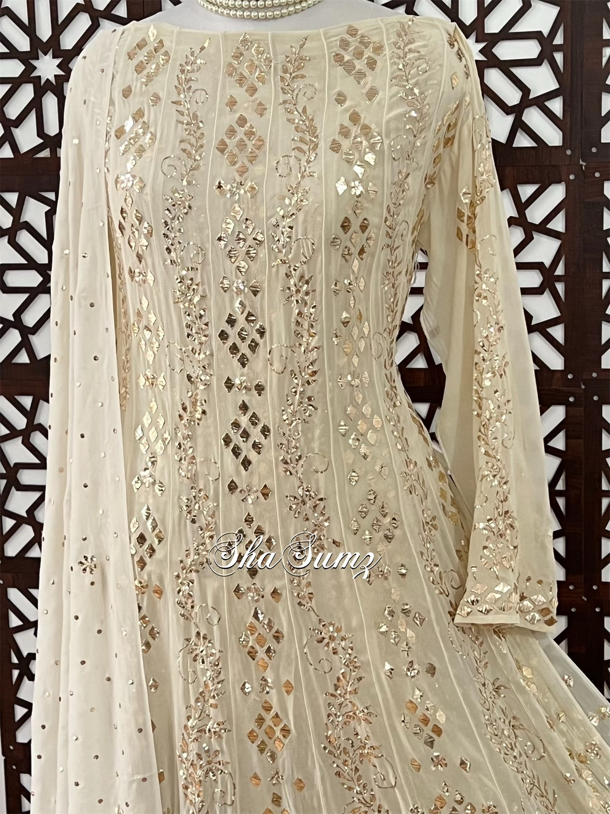 Gold Ivory Anarkali with Badla Mukaish