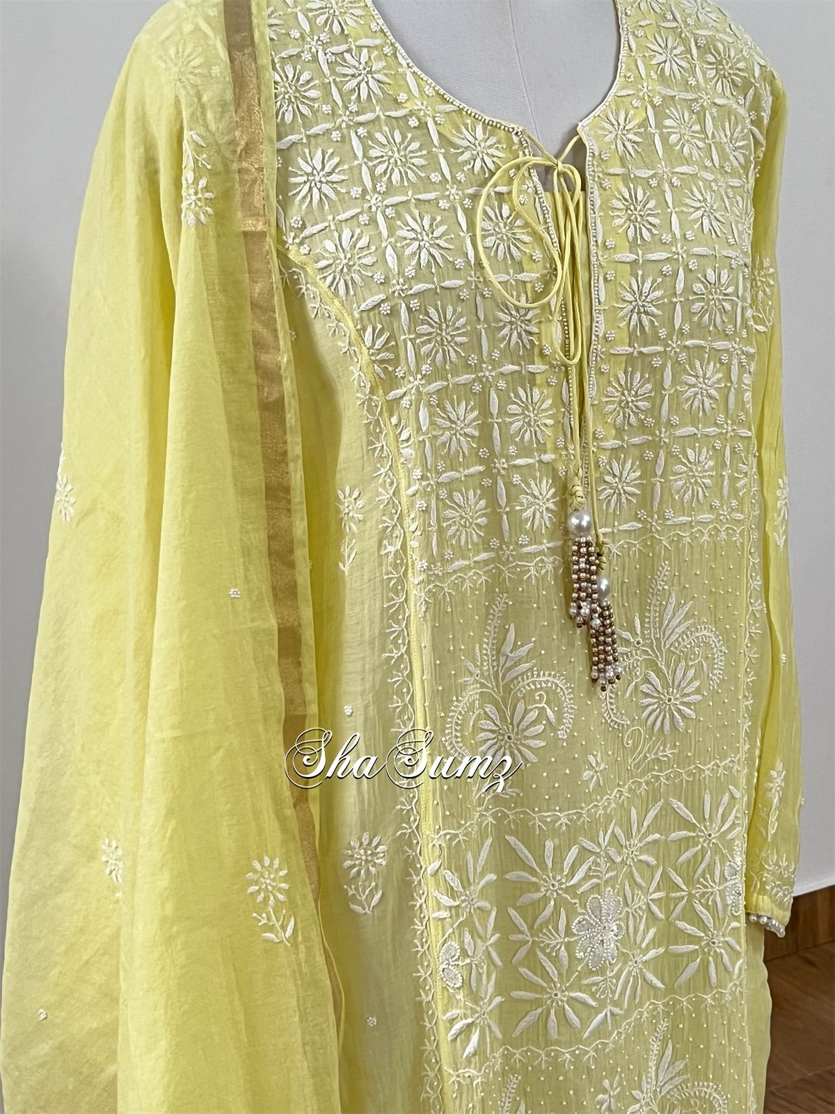 Lemon Yellow Mul Chanderi Chikankari & embellishments Suit