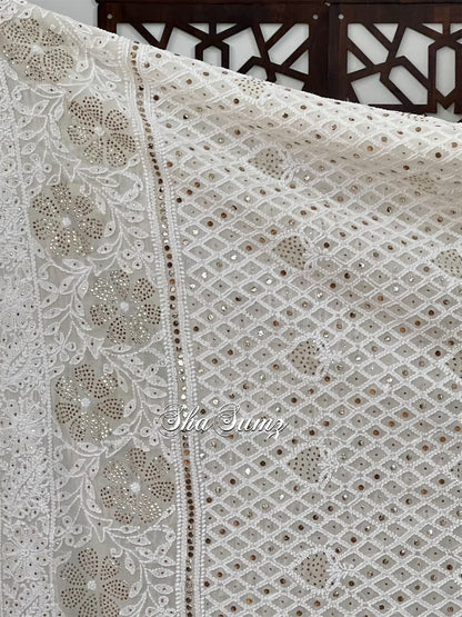 Cream Pure Georgette Dupatta with Chikankari & Mukaish