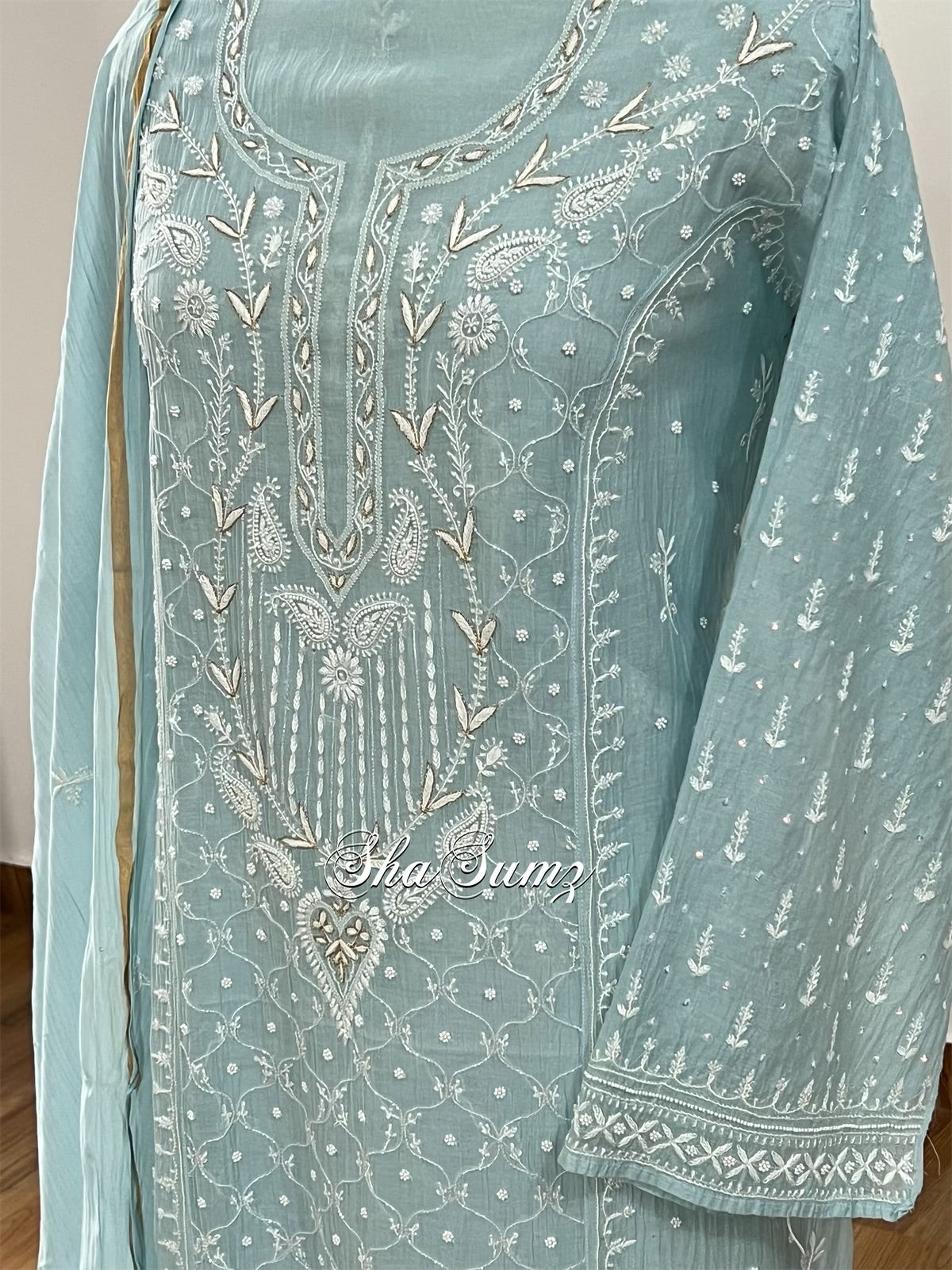 Powder Blue Chikankari Embellishments & Appliqué Mul Chanderi Suit