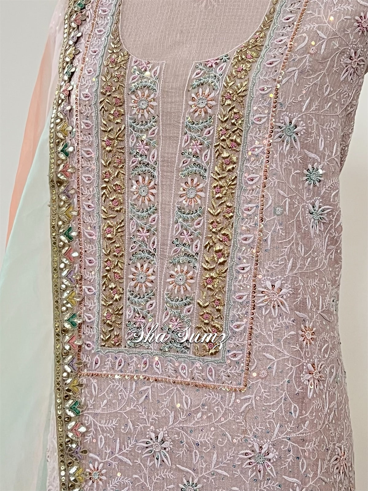 Powder Pink Silk Chikankari & Zardozi Suit