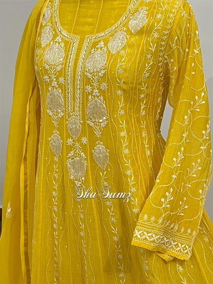 Mango Yellow Anarkali with Chikankari and Embellishments