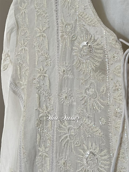 White Chikankari and Embellishments Mul Chanderi Suit