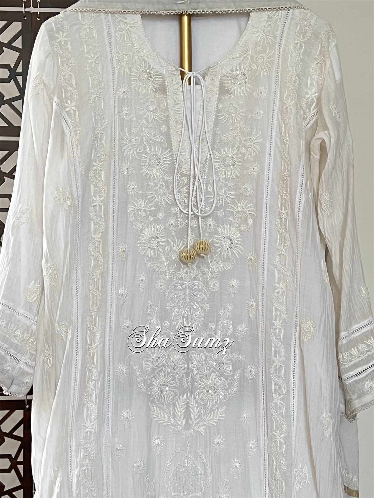 White Chikankari and Embellishments Mul Chanderi Suit