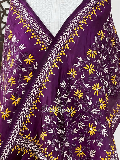 Violet Pure Silk Stole with Kantha Work