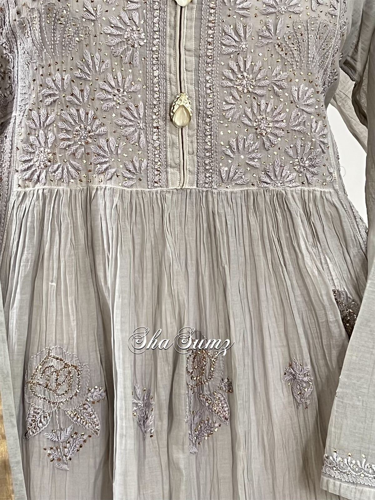 Dove Grey Mul Chanderi Anarkali with Chikankari & Mukaish