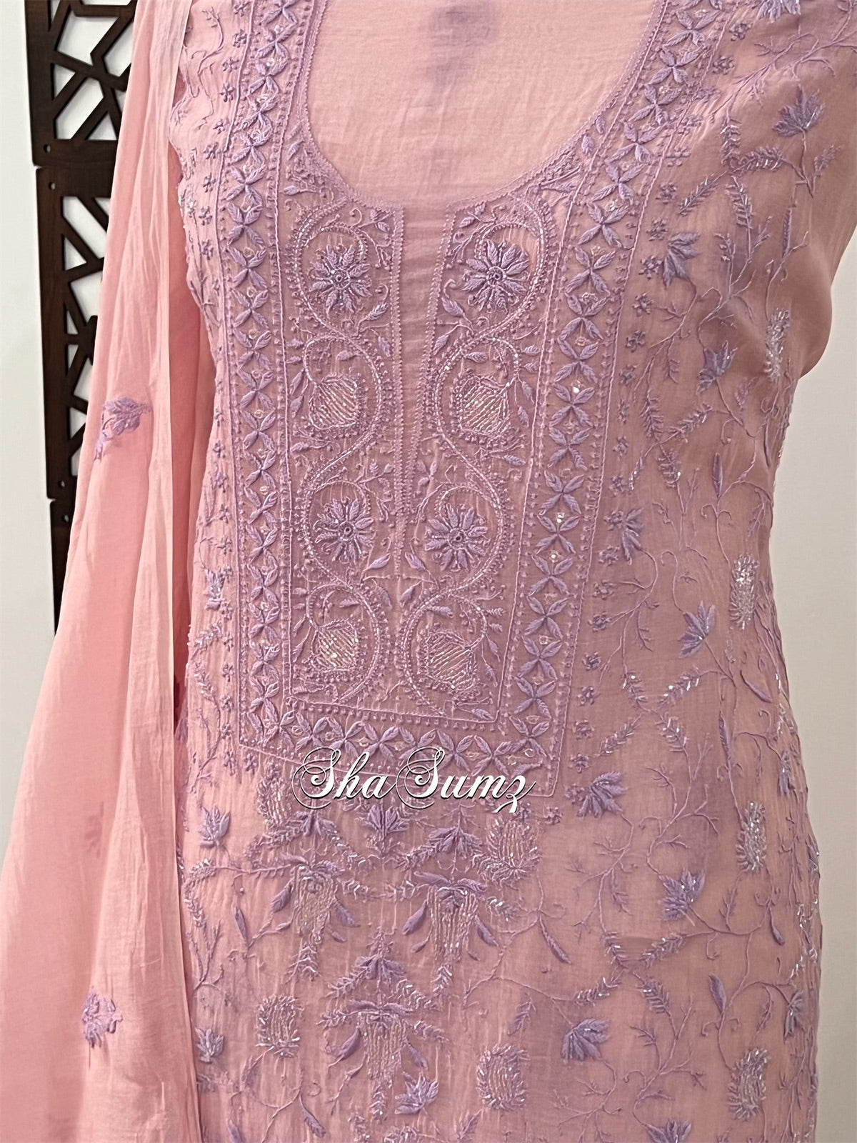 Peachy Pink Mul Chanderi Suit with Chikankari & Embellishments