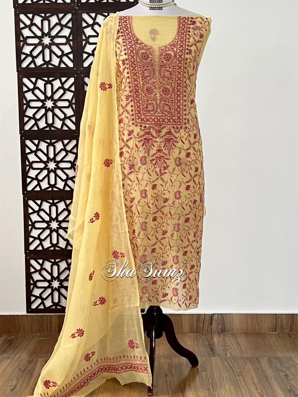 Light Mango Yellow Suit with Red Chikankari