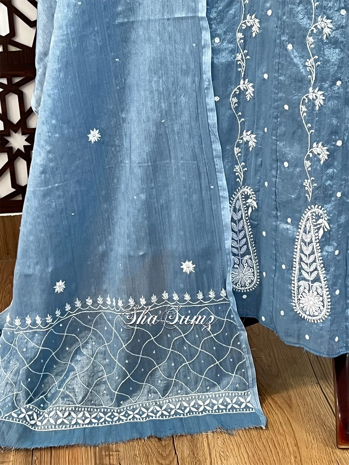 Steel Blue Tissue Chanderi Silk Anarkali with Chikankari & Embellishments