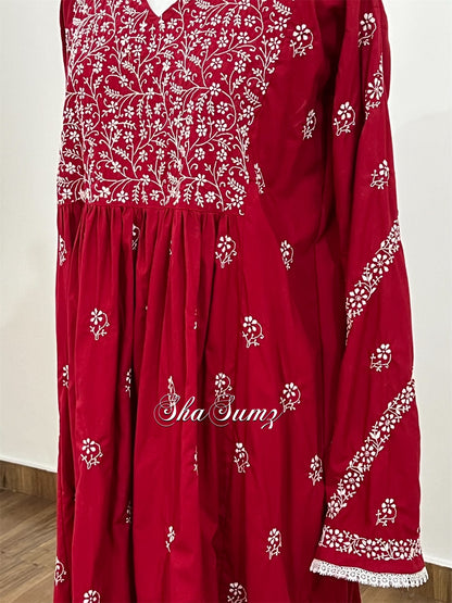 Scarlet Red Cotton Chikankari Kalidar Kurti