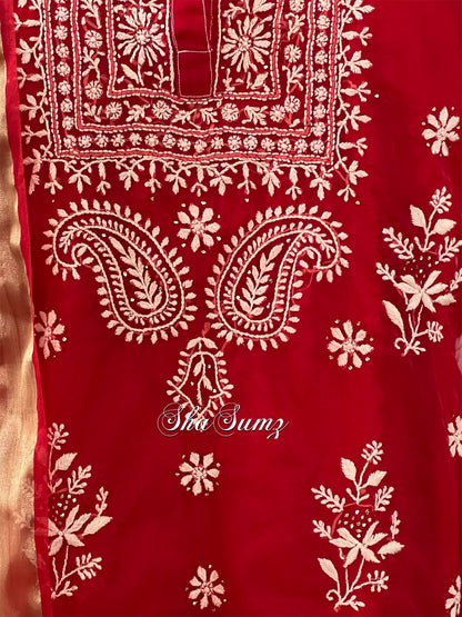 Crimson Red Organza Suit with Ivory Chikankari & Mukaish