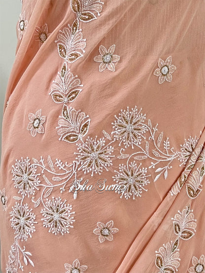 Dreamy Pastel Peach Chikankari & Embellishments Saree