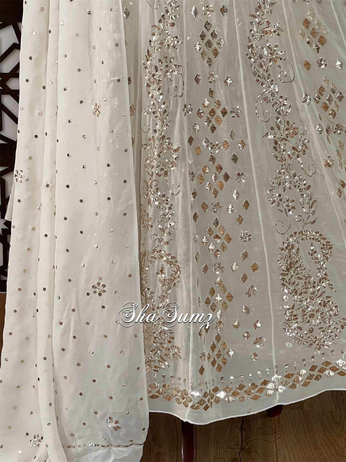 Gold Ivory Anarkali with Badla Mukaish