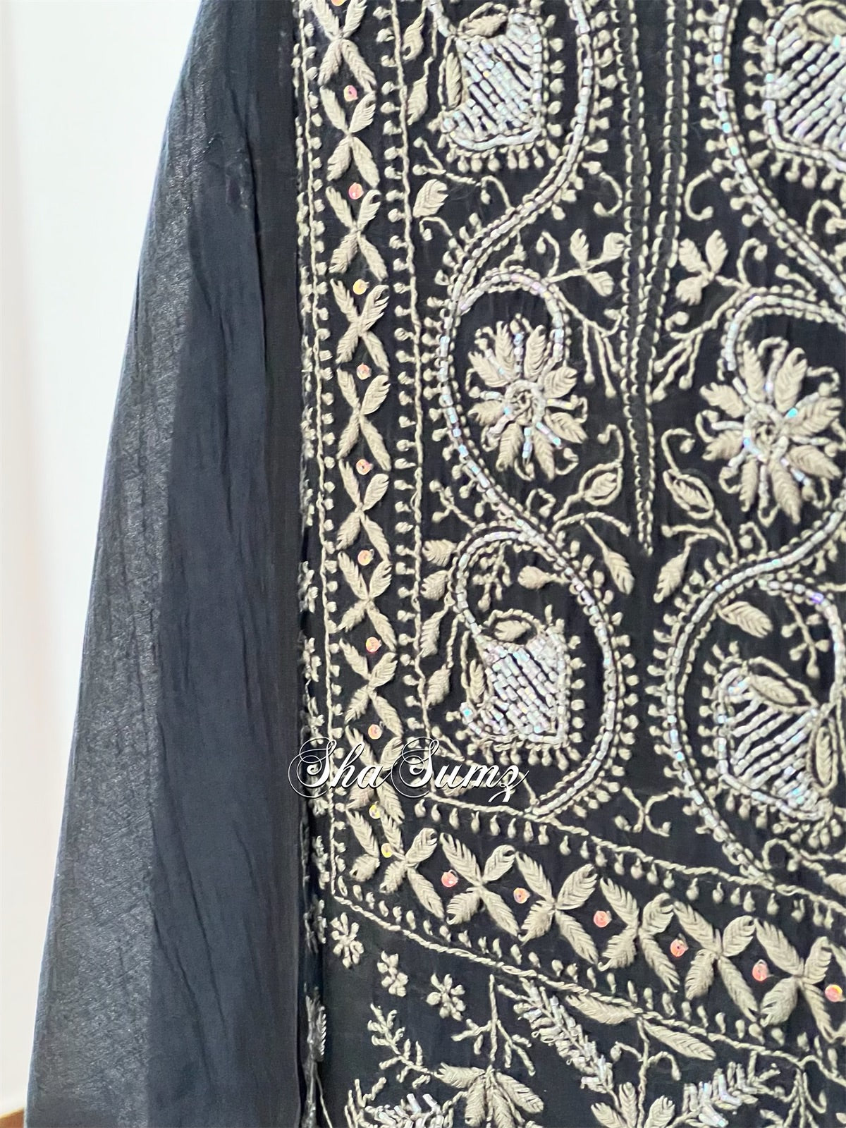 Black and Grey Chikankari Mul Chanderi Suit