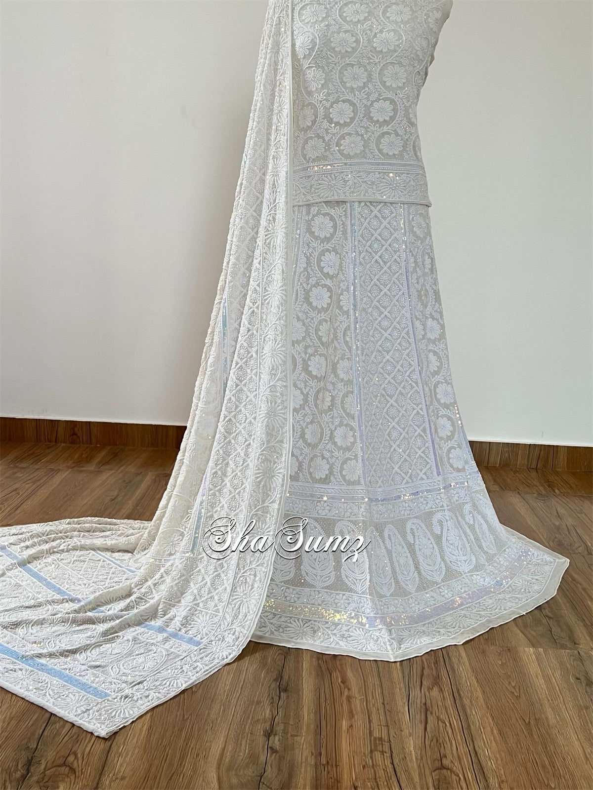 Sea Shell White Lehenga Set with 2 Taar Chikankari and Embellishments