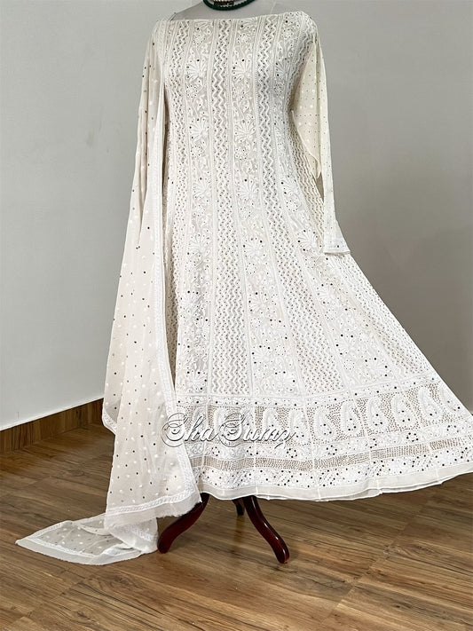 Ivory Gold Anarkali with Chikankari & Mukaish