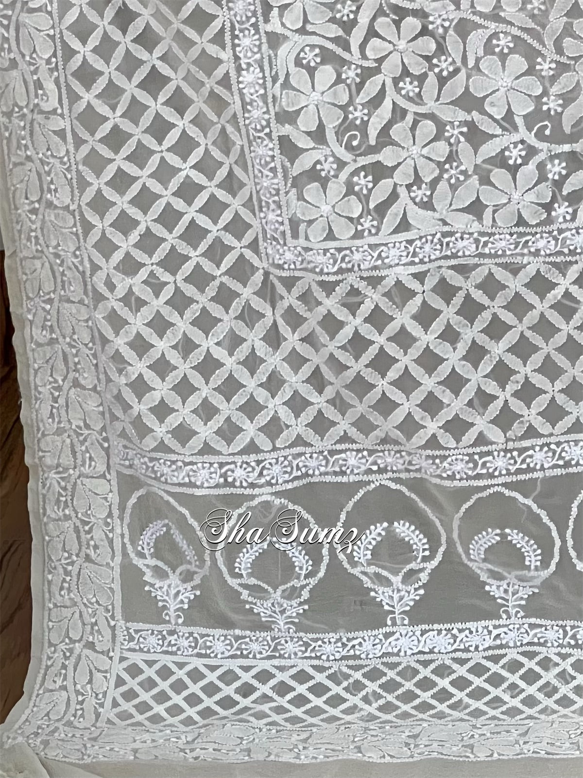 White Pure Georgette Dupatta with Chikankari