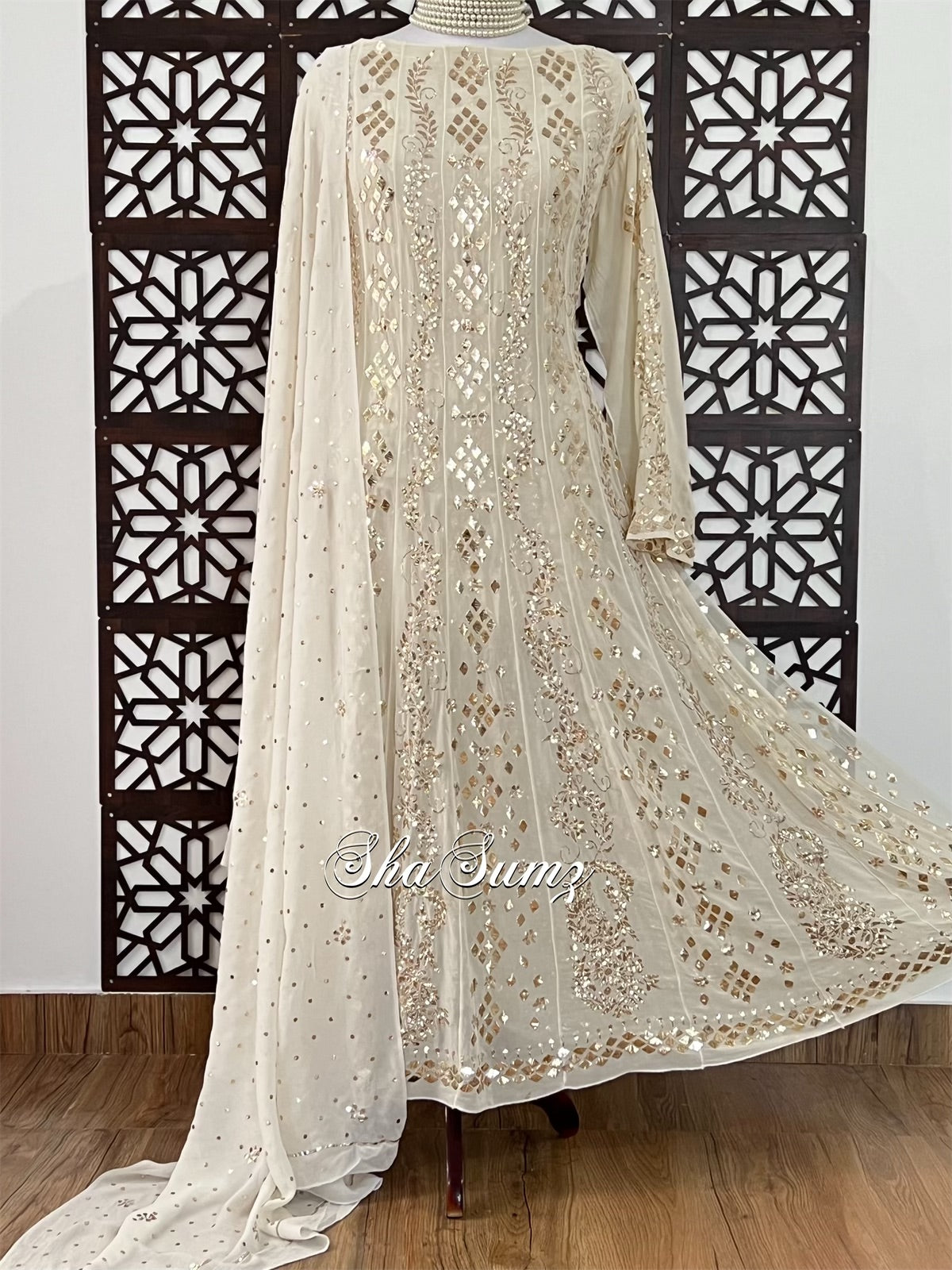 Gold Ivory Anarkali with Badla Mukaish