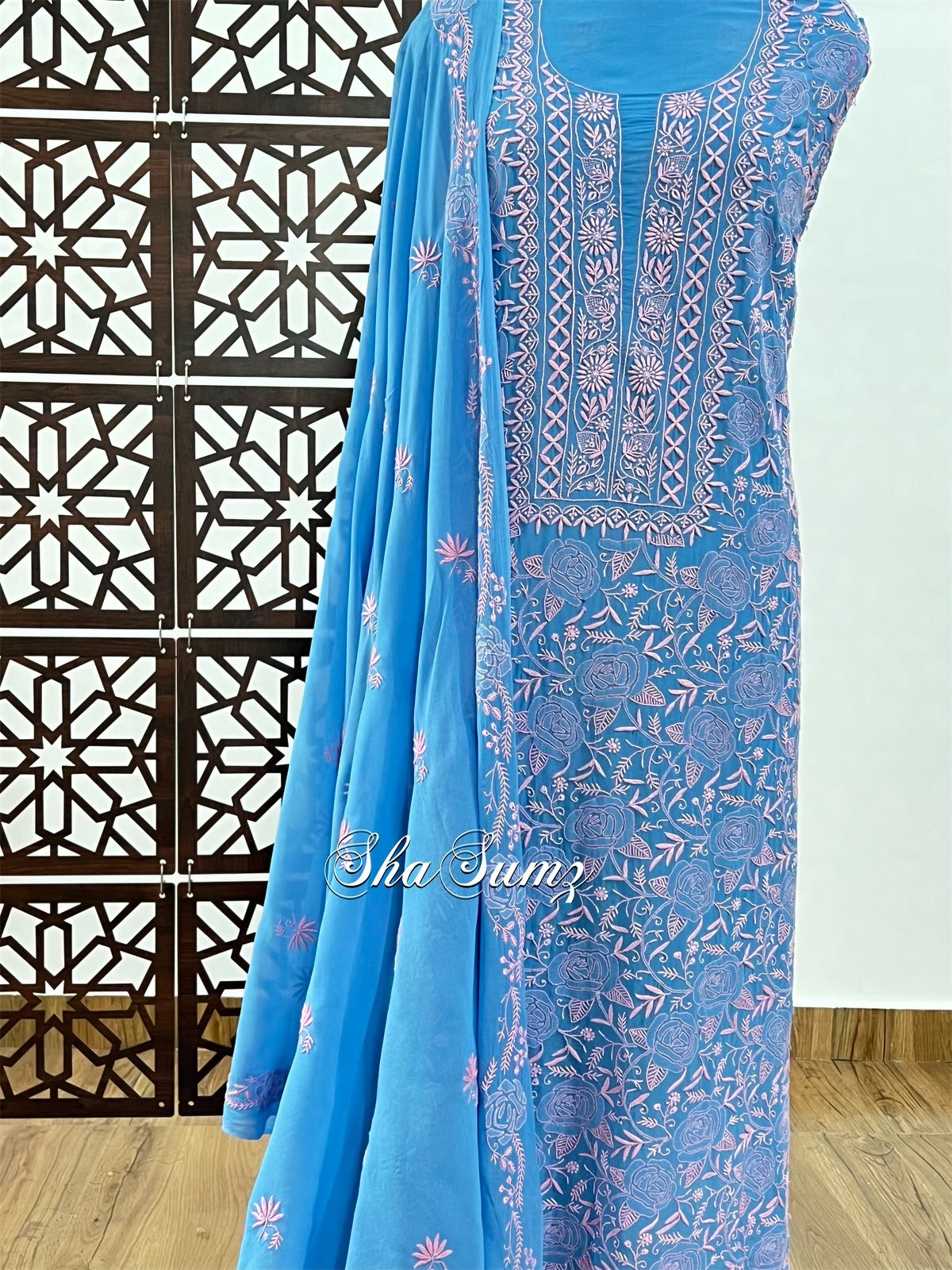 Azure Blue & Baby Pink Do Taar Chikankari Suit