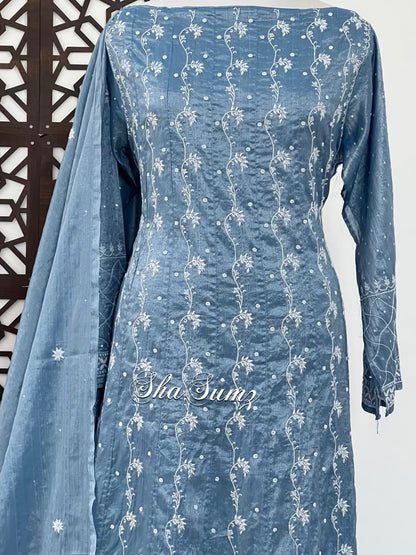 Steel Blue Tissue Chanderi Silk Anarkali with Chikankari & Embellishments