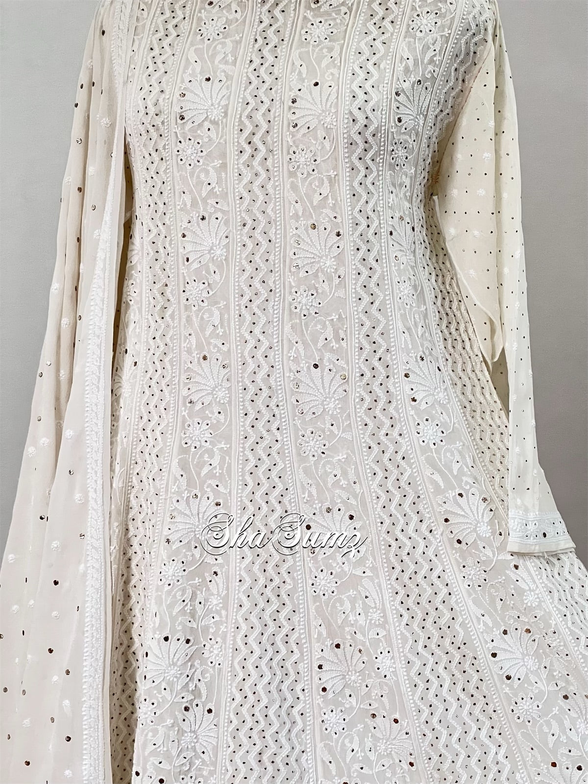 Ivory Gold Anarkali with Chikankari & Mukaish