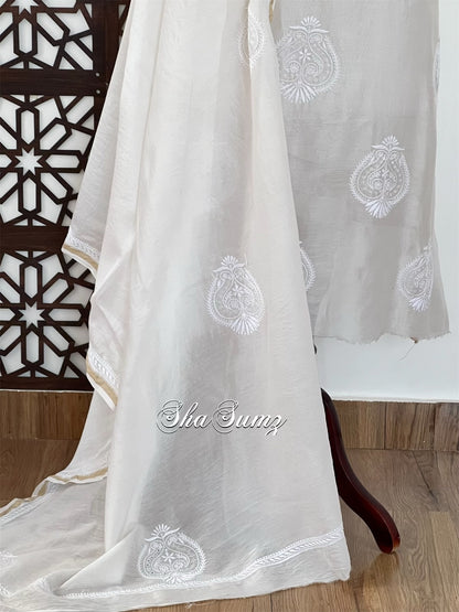 White Pure Chanderi Silk Suit with Do Taar Chikankari