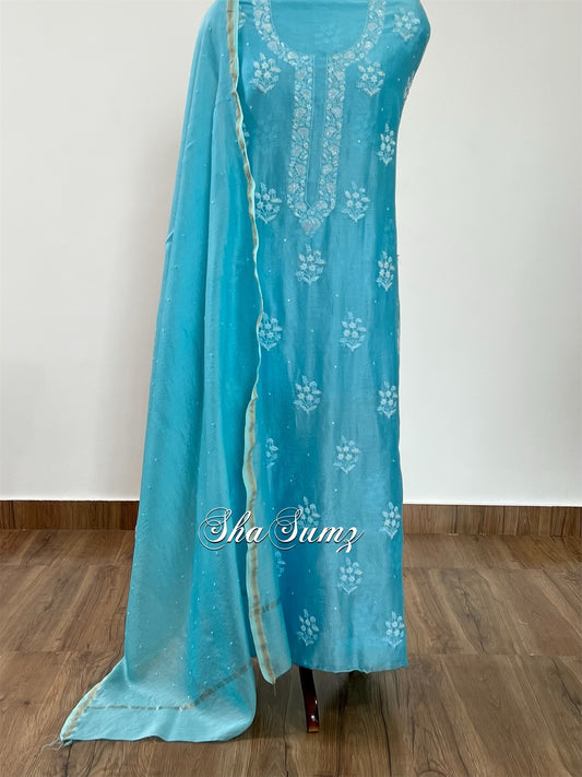 Sky Blue Chanderi Silk Suit with Embellishments