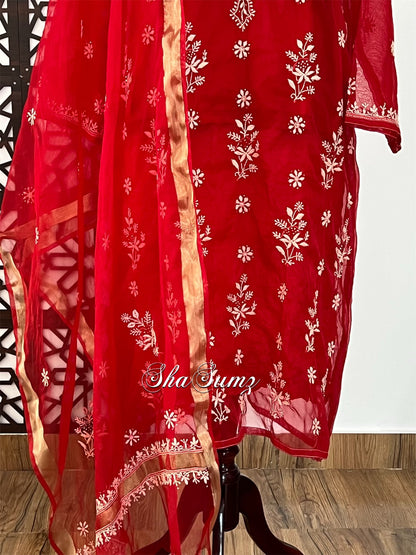 Crimson Red Organza Suit with Ivory Chikankari & Mukaish