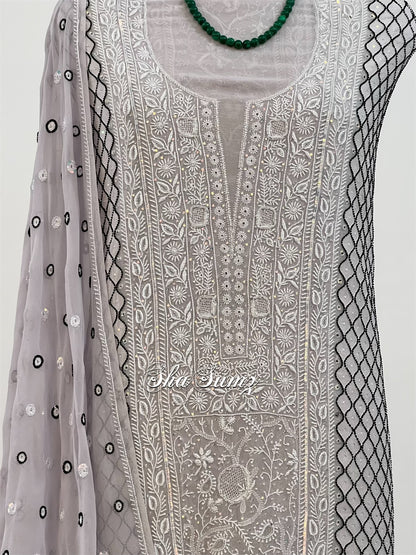 Silver Grey Do Taar Chikankari Suit with Embellishments on Pure Georgette