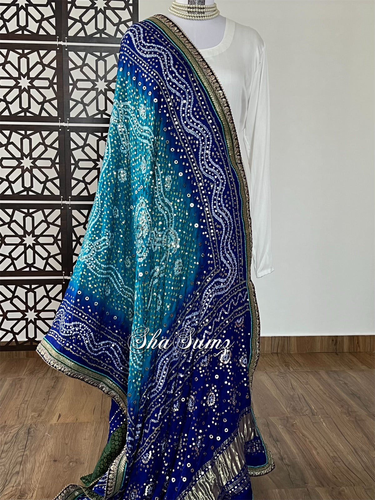 Royal Blue Gaji Silk Bandhej Dupatta with Mukaish