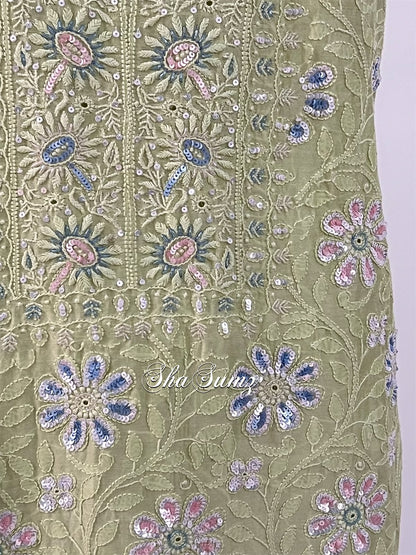 Sage Green Chanderi Suit with Chikankari & Embellishments