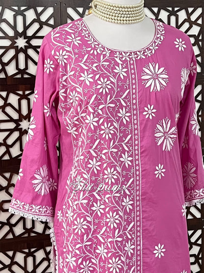 Rose Pink Cotton Kurta with Chikankari