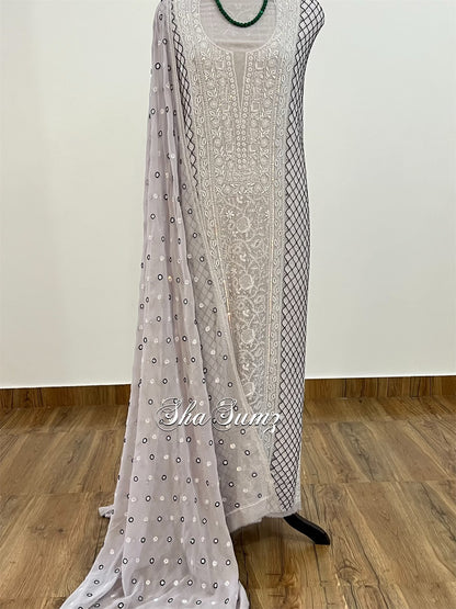 Silver Grey Do Taar Chikankari Suit with Embellishments on Pure Georgette