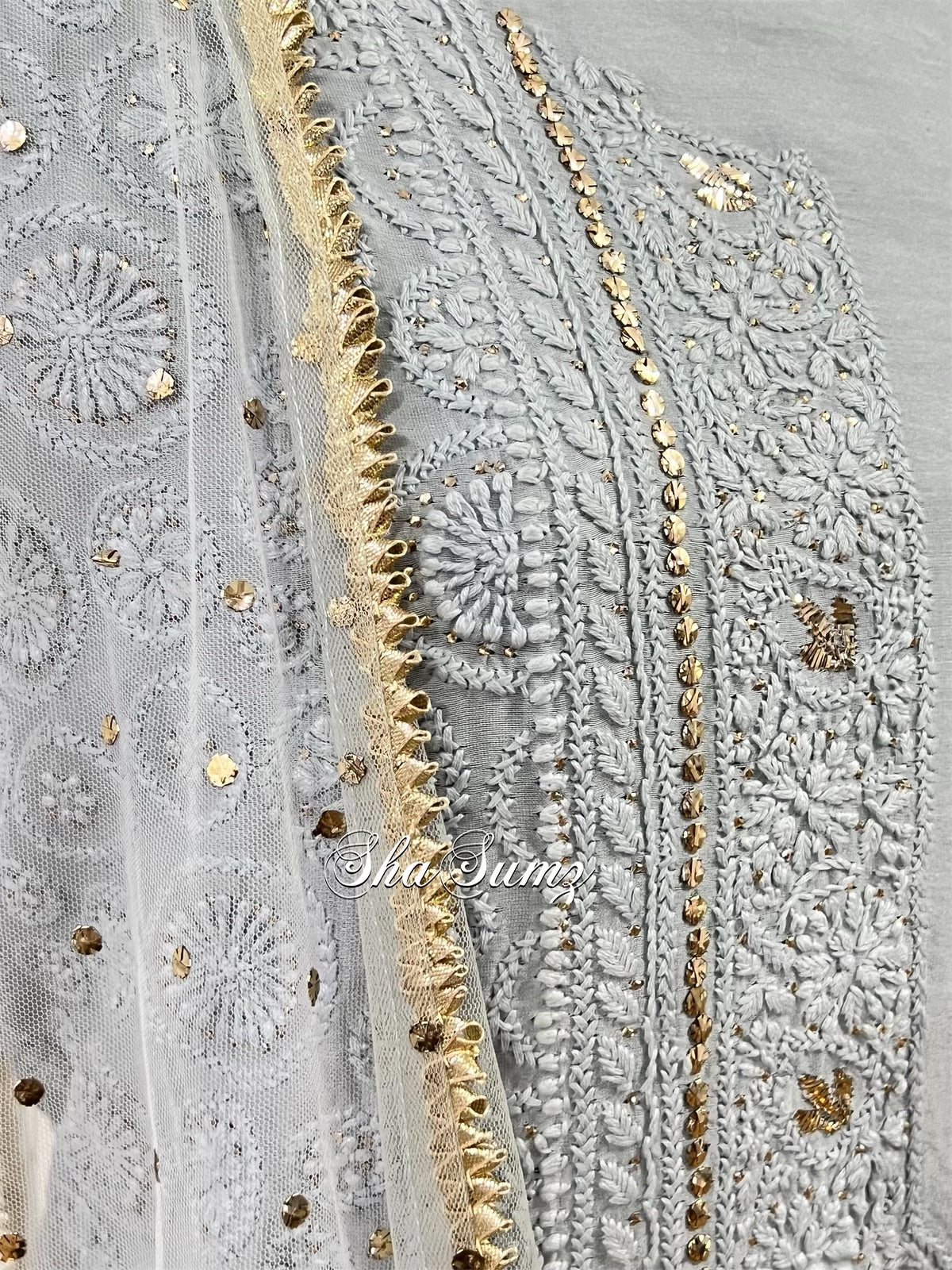 Silver Grey Chikankari & Mukaish Chanderi Suit