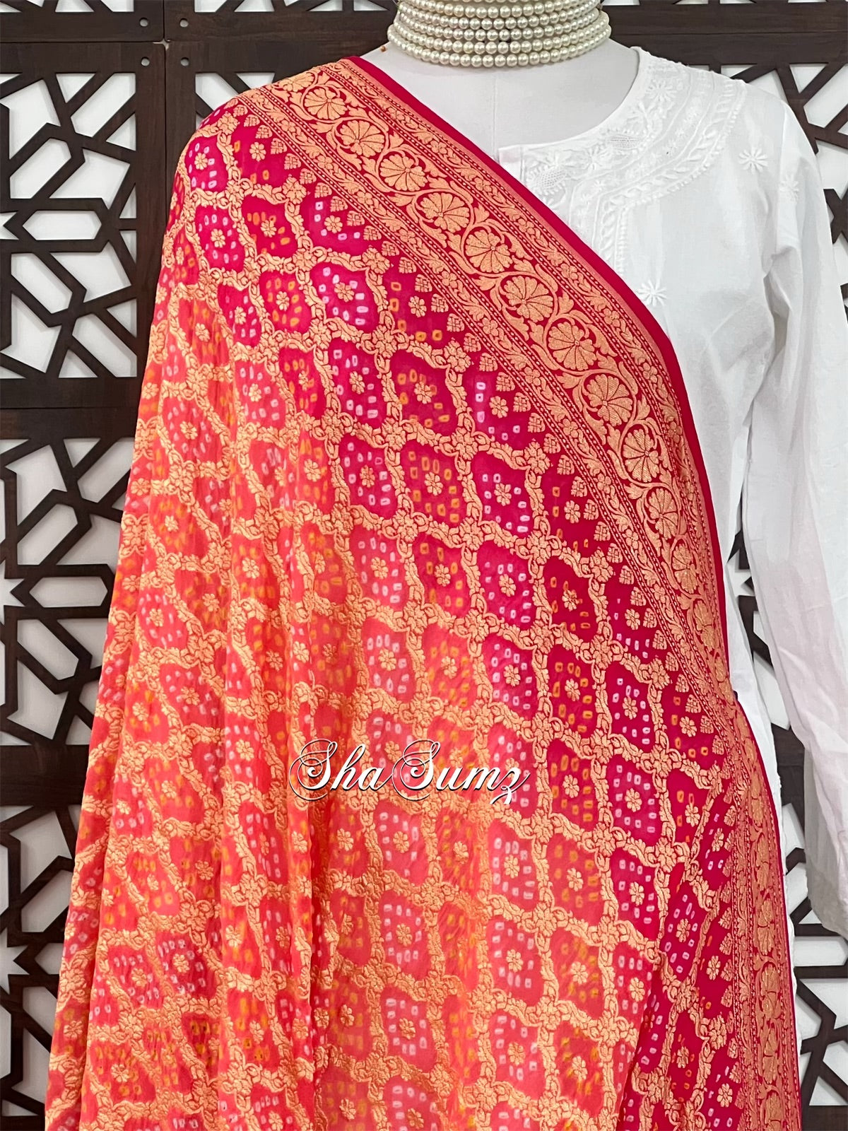 Peach & Carrot Pink Banarsi Zari Weave Bandhej Pure Georgette Dupatta