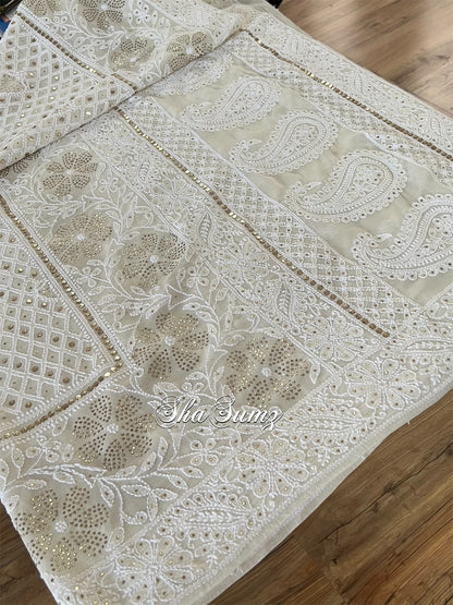 Cream Pure Georgette Dupatta with Chikankari & Mukaish