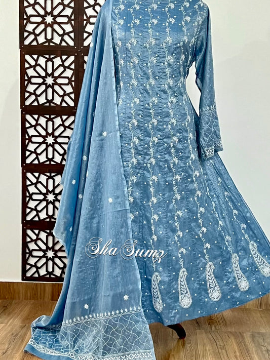 Steel Blue Tissue Chanderi Silk Anarkali with Chikankari & Embellishments