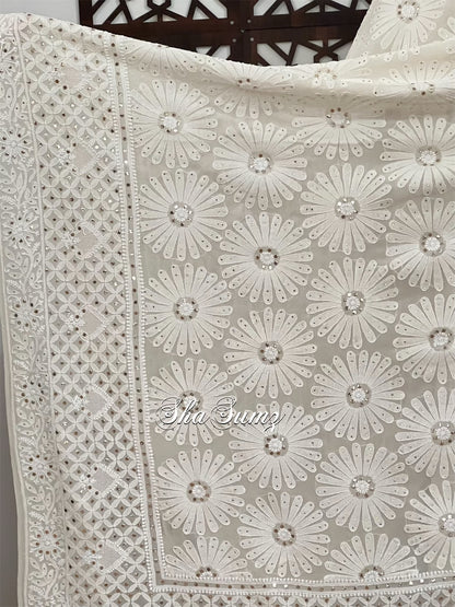 Off White Pure Georgette Dupatta with Chikankari & Mukaish