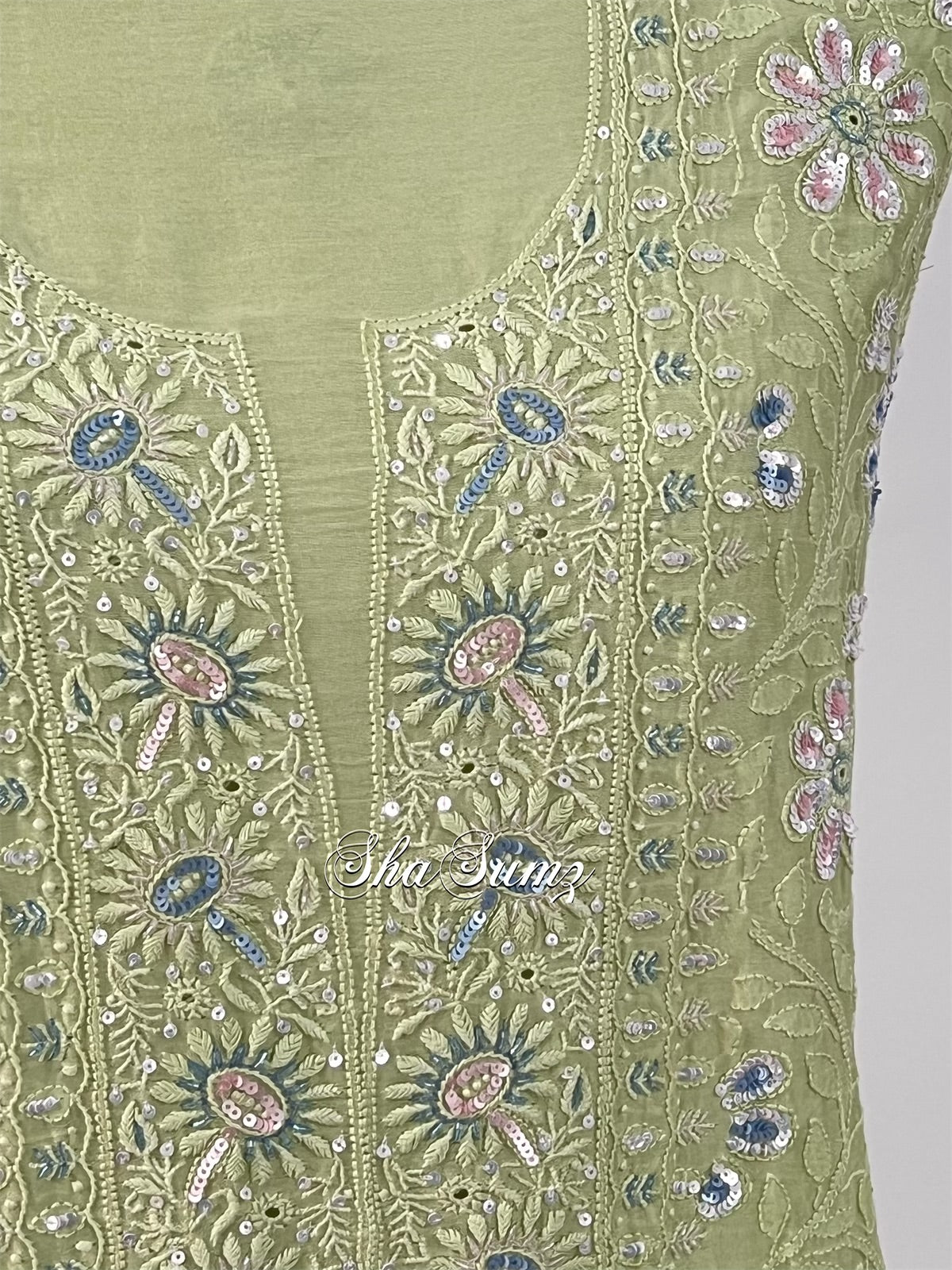 Sage Green Chanderi Suit with Chikankari & Embellishments