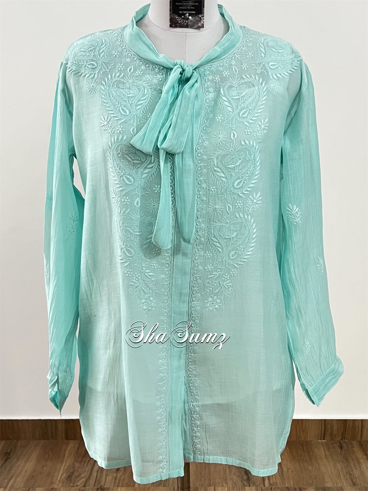 Mint Green Mul Chanderi Chikankari Shirt