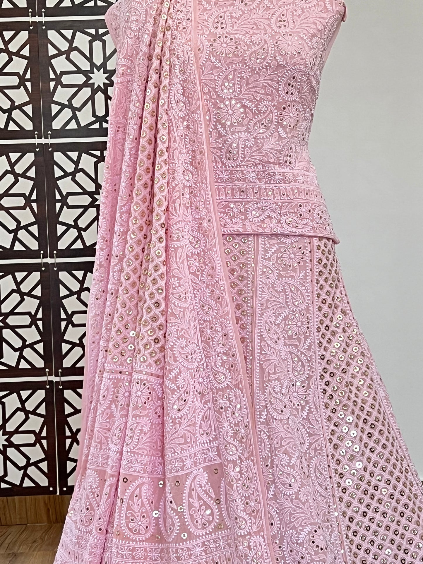 Pink Chikankari & Mukaish Lehenga Set