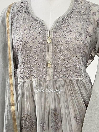 Dove Grey Mul Chanderi Anarkali with Chikankari & Mukaish