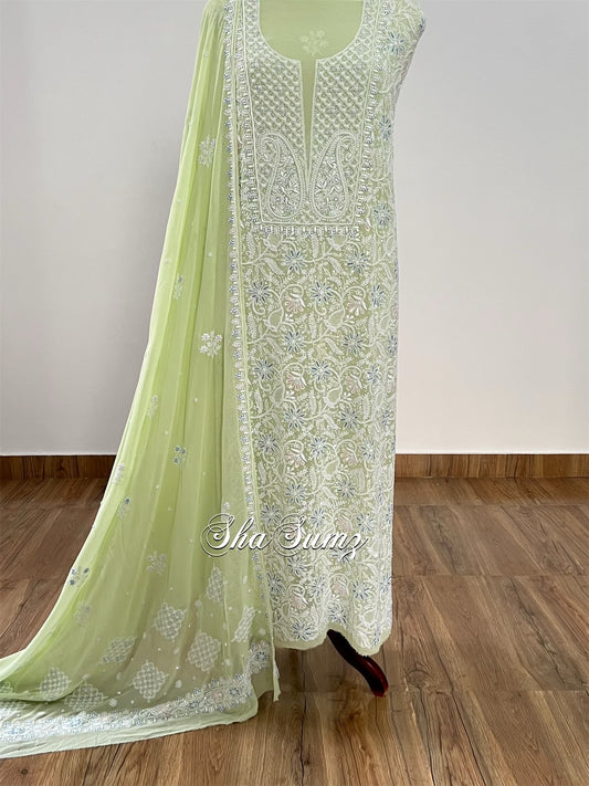 Pistachio Green Chikankari & Pearls Suit